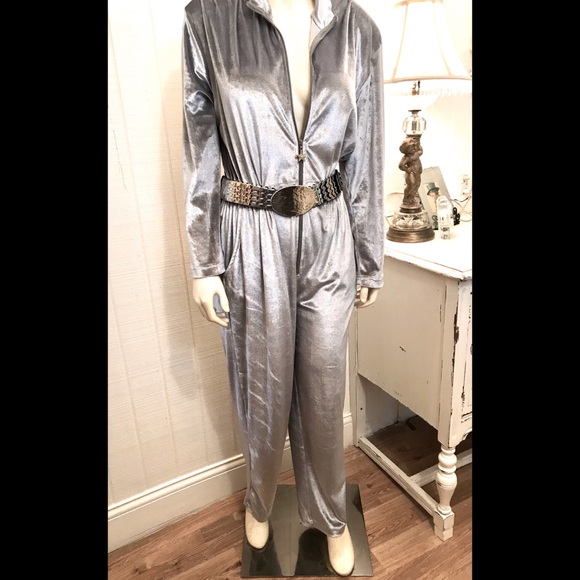 Shiny Silver Velvet Jumpsuit Retro Vintage Mod Rare - Picture 1 of 9